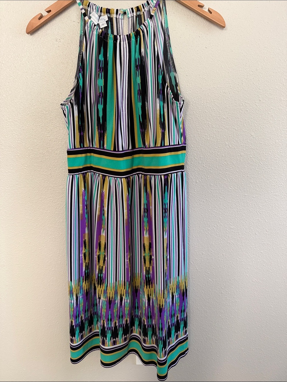 London Times Striped Halter Midi Dress in Green, Purple & Black